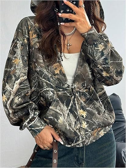 Embrace the Outdoors with Our Women's Camouflage Maple Leaf Print Jacket
